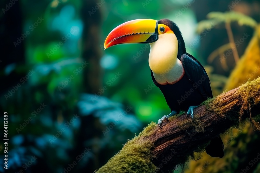 Obraz premium Keeled toucan, Ramphastos sulfuratus sitting on a branch in the rain forest of Costa Rica. Wild nature.