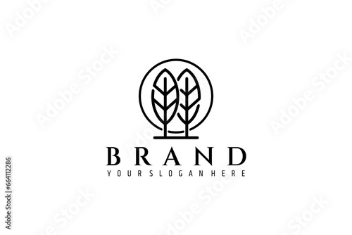 Leaf tree logo with moon background in line art design style