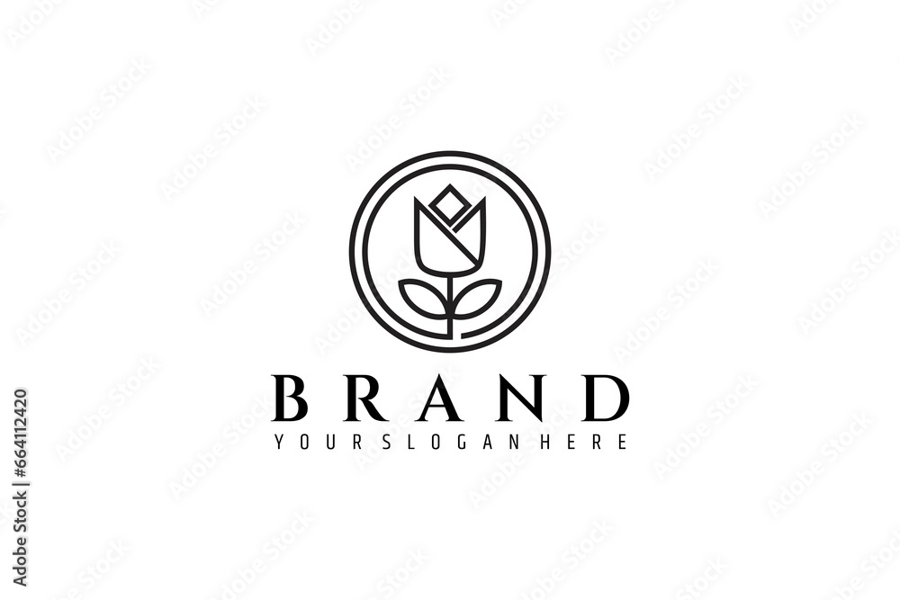 Tulip flower logo design in circle frame in line art style Tulip flower logo design in circle frame in line art style