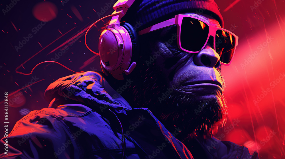 a gorilla in headsets with a red and pink background. Fantasy concept , Illustration painting. a gorilla in headsets with a red and pink background. Fantasy concept , Illustration painting.