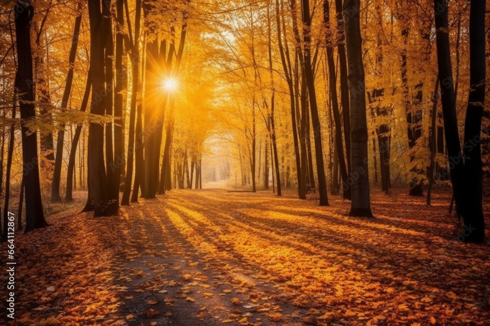 Forest path with orange and yellow trees in autumn. Golden landscape with sun rays and yellow leaves on the ground. Generative AI