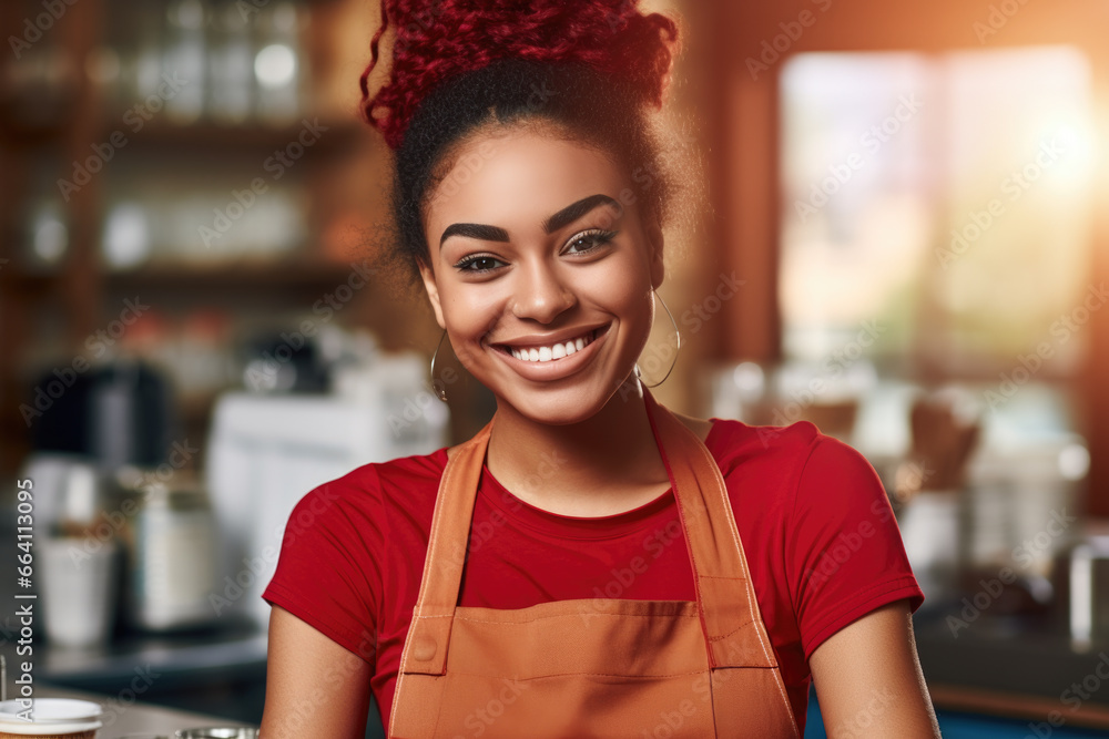 Woman wearing apron smiles at camera. This picture can be used to showcase friendly customer service or to represent happy homemaker.