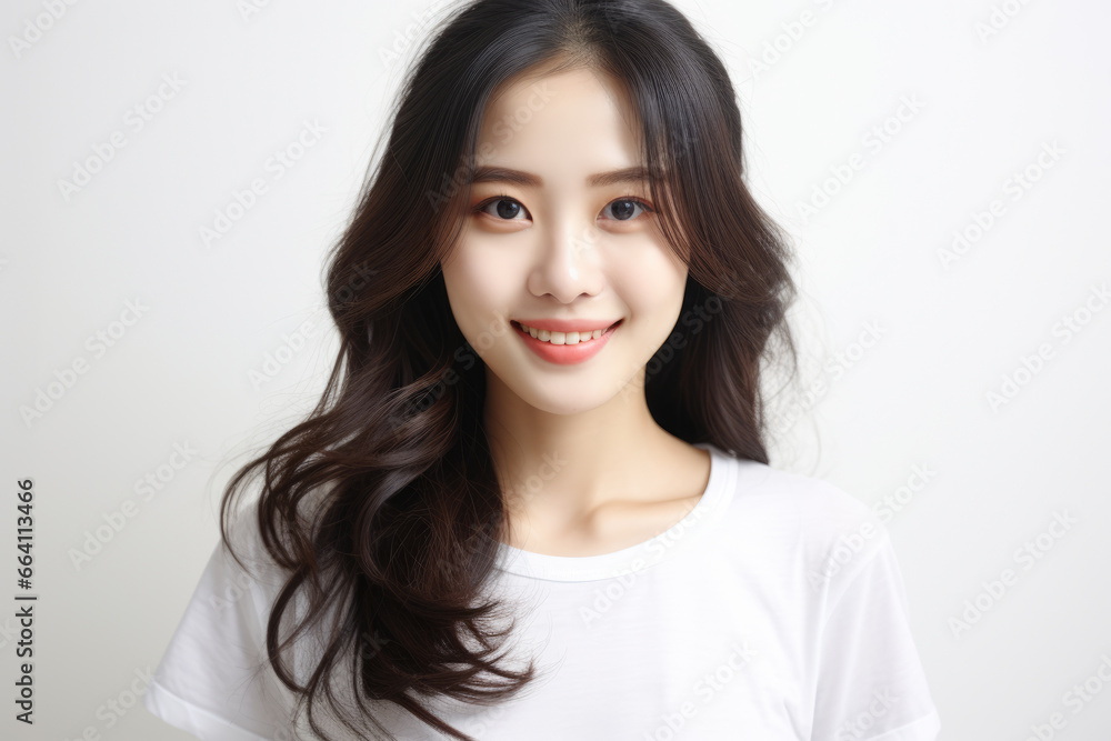 Woman with long dark hair wearing white shirt. This versatile image can be used in various contexts. Woman with long dark hair wearing white shirt. This versatile image can be used in various contexts.