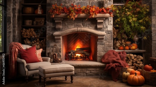 A cozy fireplace nook with autumn decor  plush seating  and the high-resolution camera capturing the warmth and charm of this intimate fall-inspired space.