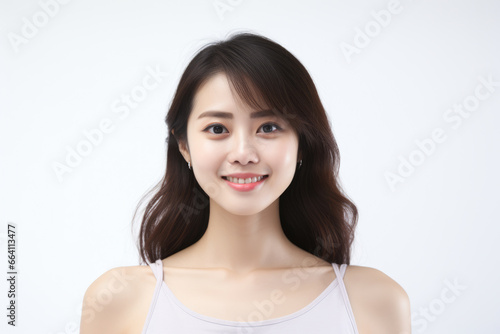 Woman wearing white tank top with joyful expression on her face. Suitable for various uses.