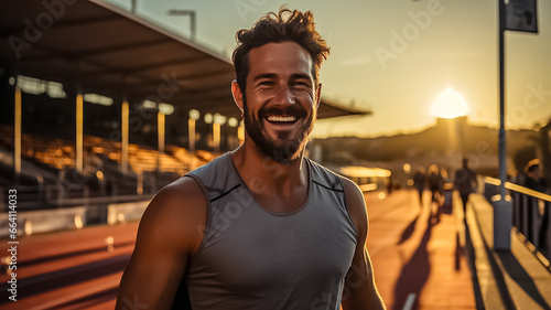a photo of a latino male sprinter athlete on a track holding in his hand and drinking cold isotonic sports water drink. sweaty after exercises. blurry stadium background. Generative AI