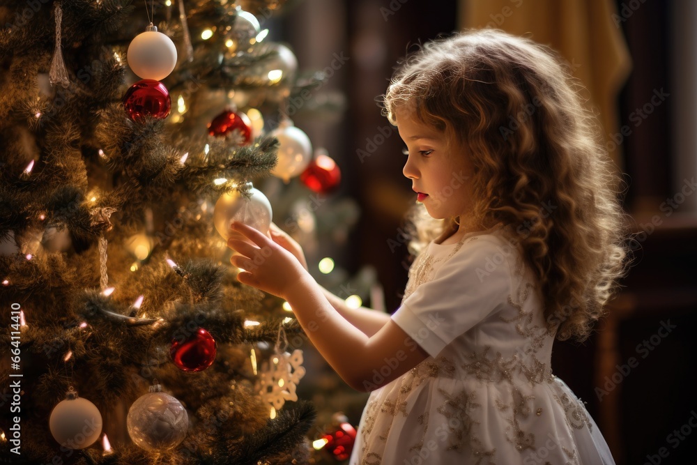 little girl decorates the Christmas tree with decorations little girl decorates the Christmas tree with decorations
