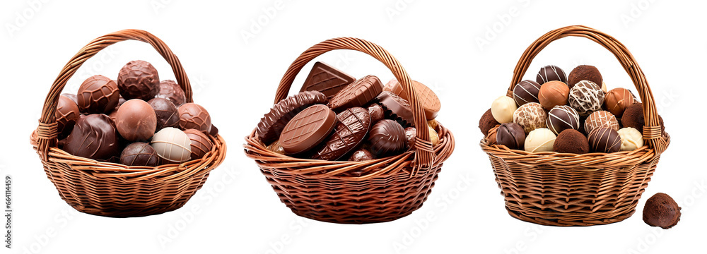 Three gourmet chocolate truffles on wicker basket over isolated transparent background