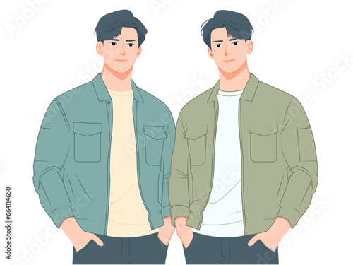 Twin brothers, stock vector image, Two proud twin brothers standing side by side, vector illustration