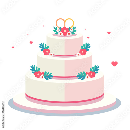 Wedding cake with small hearts around it  flat style vector illustration  Wedding cake with a decoration on top of it  stock vector image