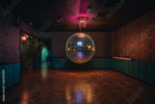 A heart-shaped mirror ball suspended in a club setting with a wallpaper backdrop. Generative AI