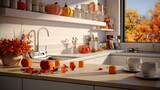 A modern kitchen with autumn-themed accessories, the HD camera showcasing the clean design with pops of fall colors, creating an inviting culinary space.
