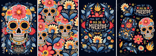 Dia De Muertos. Day of the Dead, Mexican holiday. Vector abstract illustrations of skull, plant and flowers, pattern, ornament for backgrounds, greeting cards or poster. 