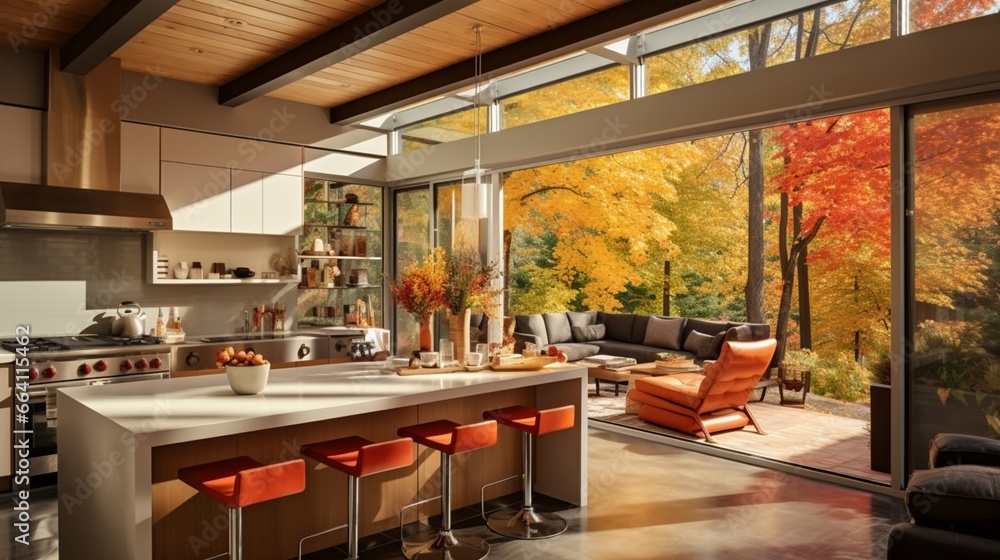 A modern kitchen with autumn-themed accessories, the HD camera showcasing the clean design with pops of fall colors, creating an inviting culinary space.
