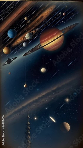 Cosmic panorama with planets, stars, and a Milky Way backdrop illuminating the night sky above a city's iconic tower.
