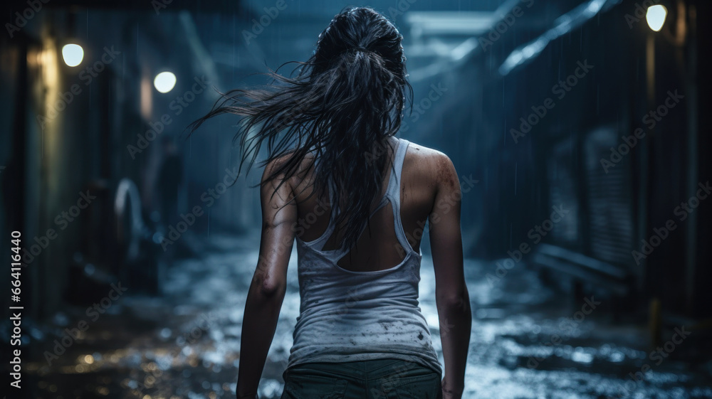 Φωτογραφία Woman in dirty torn sleeveless walks away down dark scary alley in rain, lonely adult girl escapes at night