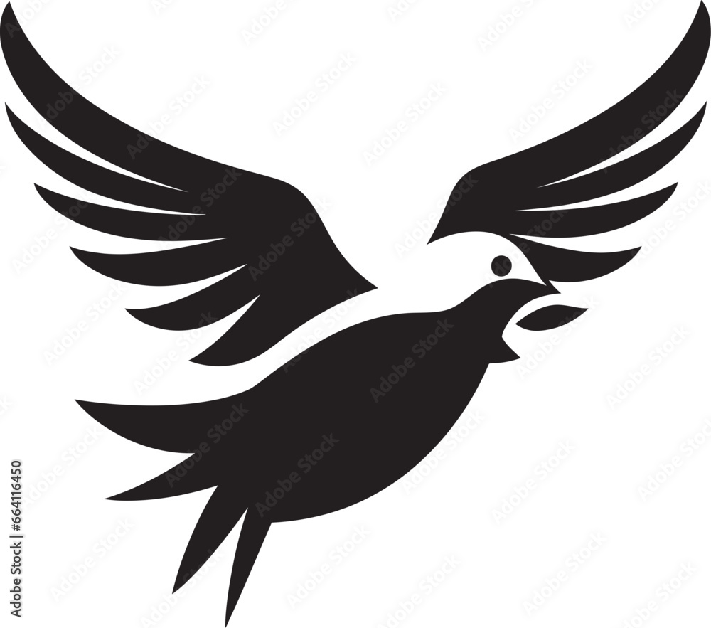 Obraz premium Black Dove Vector Logo with Text and Calligraphic Background A Beautiful and Elegant Design Black Dove Vector Logo with Swoosh and Wings Spread A Symbol of Freedom and Flight