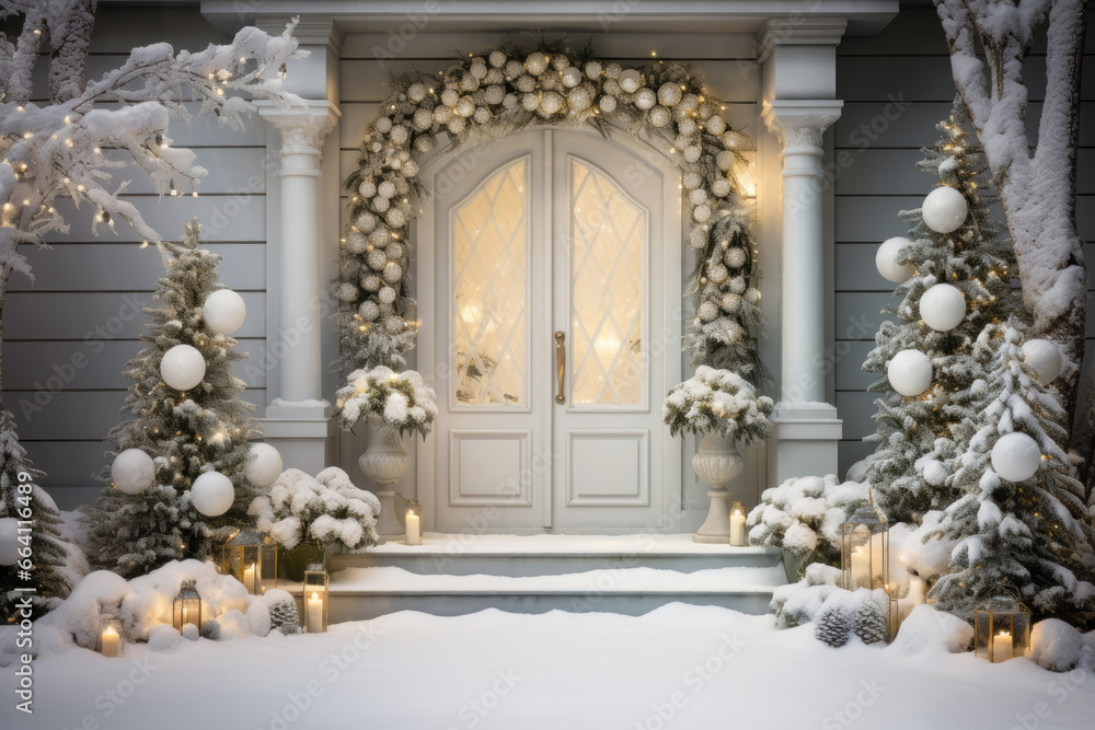 Christmas decoration of house porch, white front door on winter holiday, wooden home entrance with trees, garland, snow and candles. Theme of design, xmas - obrazy, fototapety, plakaty 