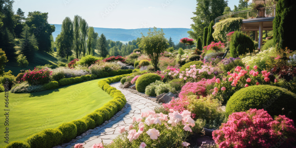 Landscape design of home garden, scenic view of beautiful house backyard in summer. Scenery of luxury back yard with flowers and path. Concept of landscaping, nature