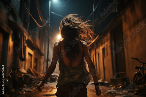 Lost young woman walks away down dirty street at night, lonely adult girl escapes in dark city. Female person like in thriller or horror movie. Concept of terror © scaliger