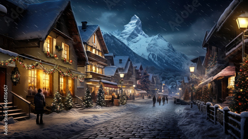 Ski resort houses decorated for Christmas, mountain village or town street in winter at night. Wooden chalets covered with snow in evening lights. Theme of travel