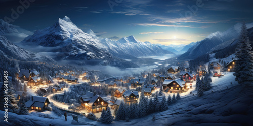 Mountain landscape with village in winter, houses covered snow at night, scenery of ski resort in evening lights on Christmas. Theme of travel, New Year holiday photo