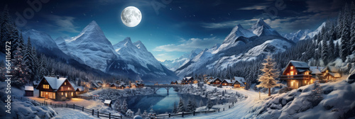 Mountain landscape with ski resort in lights at night, panoramic view of village, snow, sky and moon in winter on Christmas. Theme of travel, wide banner