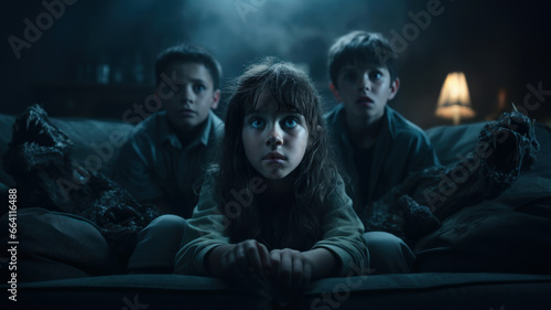 Scared teens watching horror movie, portrait of shocked kids at home. People, imaginary monsters and emotional film in dark room. Concept of thriller photo