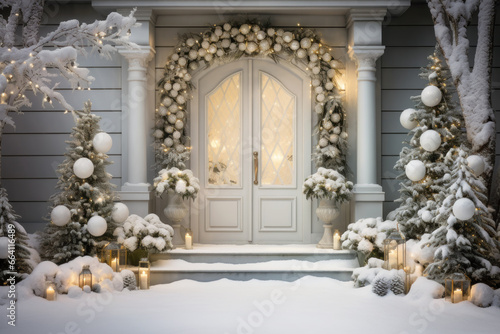 Christmas decoration of house porch, white front door on winter holiday, wooden home entrance with trees, garland, snow and candles. Theme of design, xmas