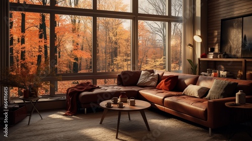 A modern living room with fall-inspired textiles  warm-toned decor  and the HD camera capturing the contemporary and autumnal design.