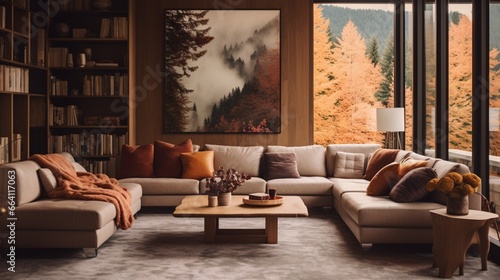 A modern living room with fall-inspired textiles, warm-toned decor, and the HD camera capturing the contemporary and autumnal design. © cheena