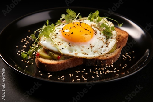 Egg sandwich with heart-shaped fried egg, sesame seeds, flax seeds, and pumpkin seeds on a black plate. Generative AI