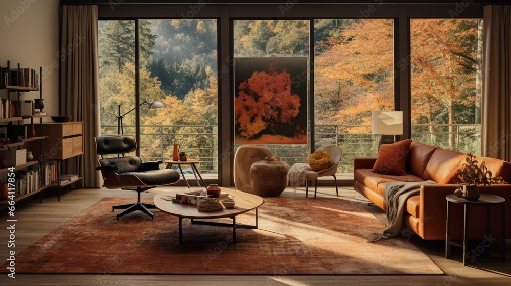 A modern living room with fall-inspired textiles, warm-toned decor, and the HD camera capturing the contemporary and autumnal design.