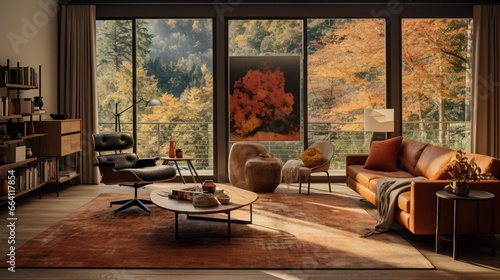A modern living room with fall-inspired textiles  warm-toned decor  and the HD camera capturing the contemporary and autumnal design.