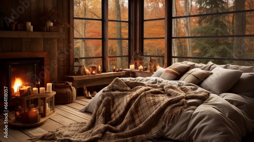 A rustic bedroom with earthy tones, soft blankets, and fall foliage accents, the high-definition camera capturing the serene and autumn-inspired ambiance.