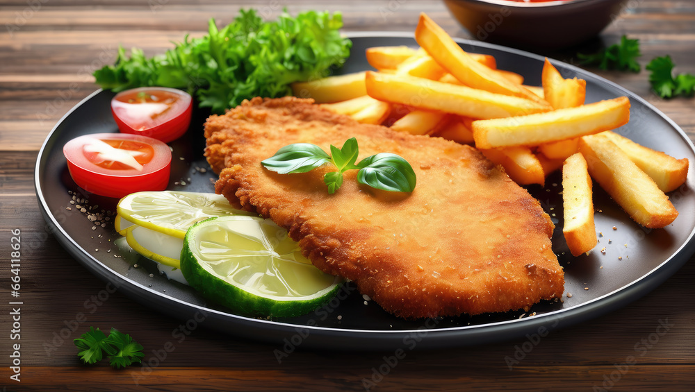 Fried schnitzel, fries, fresh vegetable, lovely dish. Fried schnitzel, fries, fresh vegetable, lovely dish.