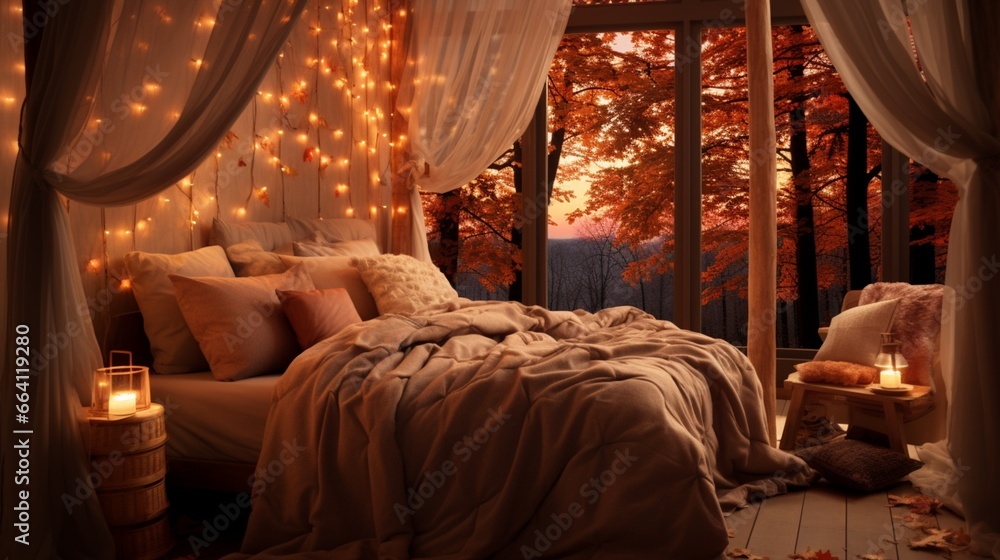 A serene bedroom with soft autumnal hues, featuring a canopy of fall leaves and warm lighting, the HD camera highlighting the tranquil and seasonal ambiance.