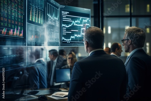 A captivating image of a group of financial analysts and traders discussing market strategies in a modern, glass-walled trading room, highlighting the collaborative and data-driven nature of contempor