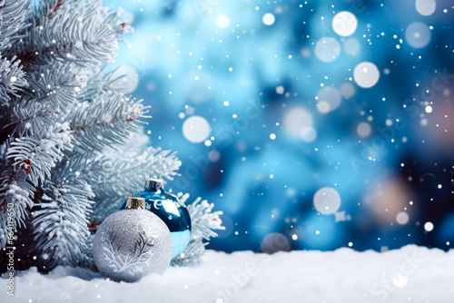 Christmas baubles in the snow with a snow covered fir tree set against a blue bokeh background of lights and snow festive Christmas card greeting image background wallpaper