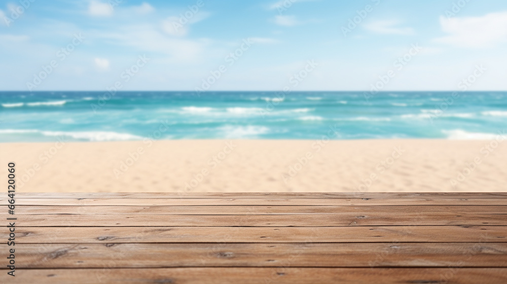 Fototapeta premium Product background for montage, empty wooden surface with blurred sea beach on the background