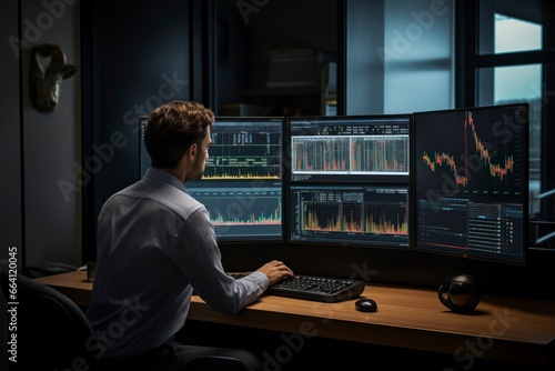 trader typing on computer keyboard while analyzing graphs