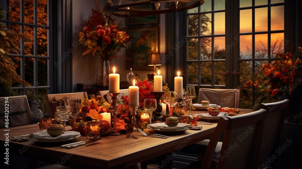 A sophisticated dining room with autumn-inspired table settings and warm lighting, the high-resolution camera capturing the elegant and festive ambiance.