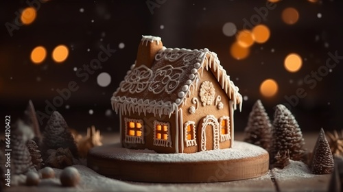Gingerbread house background. Homemade Christmas Gingerbread House on table over blurred bokeh background. Christmas background with copy space. Happy new year and happy winter holidays concept