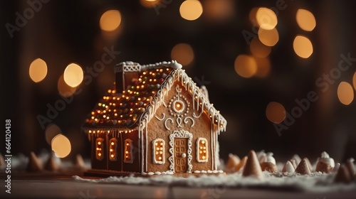 Gingerbread house background. Homemade Christmas Gingerbread House on table over blurred bokeh background. Christmas background with copy space. Happy new year and happy winter holidays concept