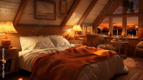 A cozy bedroom with autumn-themed bedding and warm lighting, the HD camera emphasizing the comfort and seasonal charm of this inviting space.