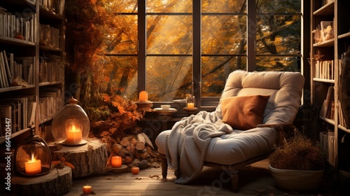 A stylish reading nook surrounded by fall foliage and warm-toned decor  the high-resolution camera capturing the inviting and literary autumn atmosphere.