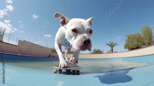 Pit bull dog is skateboarding, dynamic and a skillful pit bull skateboarder executing a stylish trick, at Skate pool
