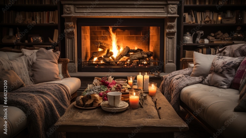Cozy living room with fireplace and candlelight Cozy living room with fireplace and candlelight