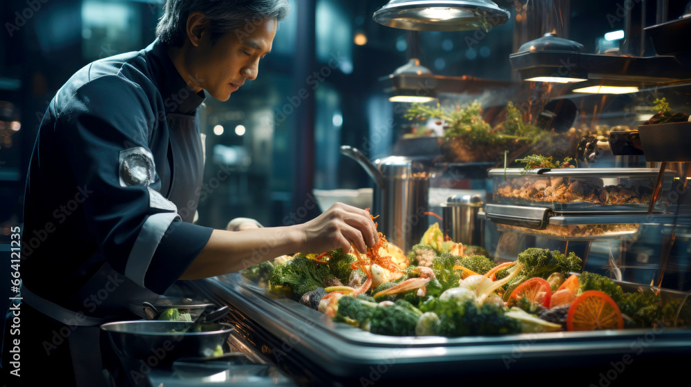 Professional Asian chef showcasing culinary skill and creativity in a busy restaurant kitchen Professional Asian chef showcasing culinary skill and creativity in a busy restaurant kitchen
