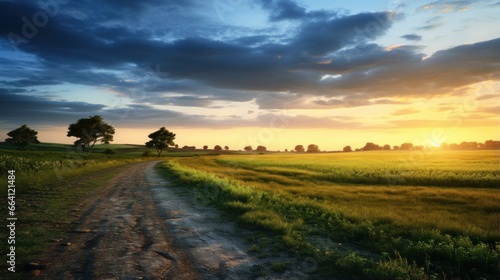 A dirt road in the middle of a grassy field